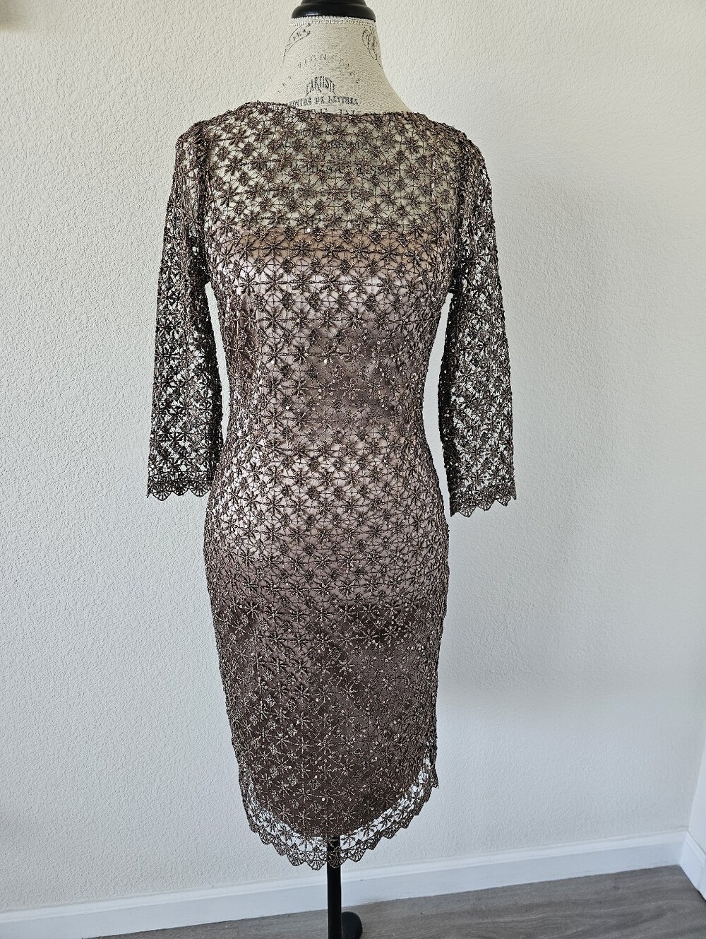 Vintage Cachet Bronze Lace & Sequin Cocktail Dress - Y2K Formal Sheath - Evening